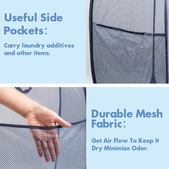 Pop up Laundry Hamper, 70L Collapsible Mesh Laundry Basket with Side Pocket, Foldable Dirty Clothes Hamper with Sturdy Reinforced Handles for Home Dorm Bedroom Travel Storage, Blue, 2Pack