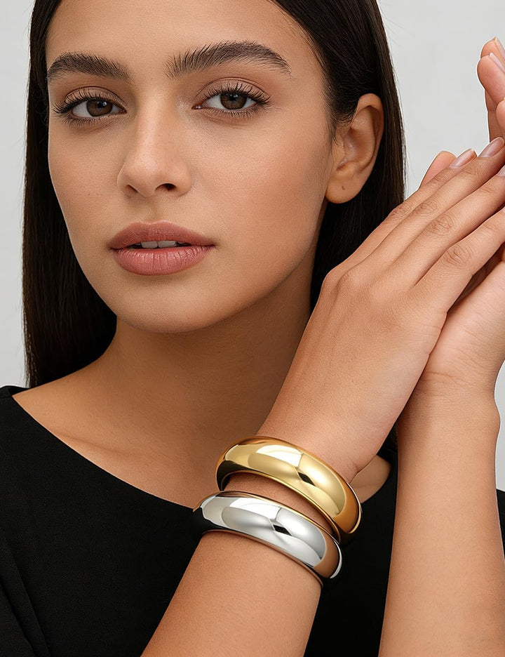 Chunky Gold Bangle Bracelets for Women, Dainty 14K Gold Plated Big Stackable Bangles Set, Trendy Statement Cuff Bracelet Stack Fashion Jewelry Gifts - Two-Tone