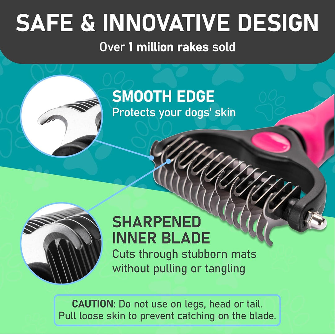 Hair Brush - Double Sided Shedding, Dematting Undercoat Rake for Dogs, Cats - Extra Wide Dog Grooming Brush, Pink