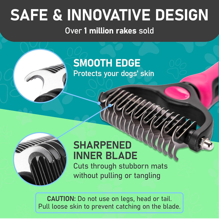 Hair Brush - Double Sided Shedding, Dematting Undercoat Rake for Dogs, Cats - Extra Wide Dog Grooming Brush, Pink