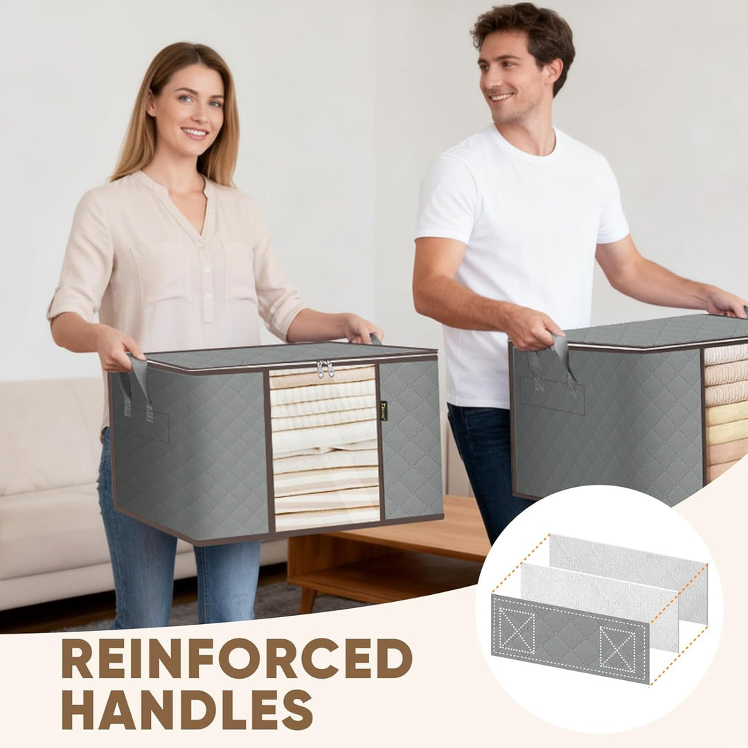 2 Pack Clothes Storage Bags, 24 Gallon Storage Containers with Reinforced Handle, Sturdy Zipper, Closet Organizer for Blanket, Comforter, Pillow, Bedding (Grey, 2 Pack)