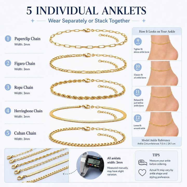 Gold/Silver Plated Anklet Bracelets for Women Waterproof plus Size Cuban Link Chain Ankle Bracelet for Large Ankle 9-12Inch - Gold