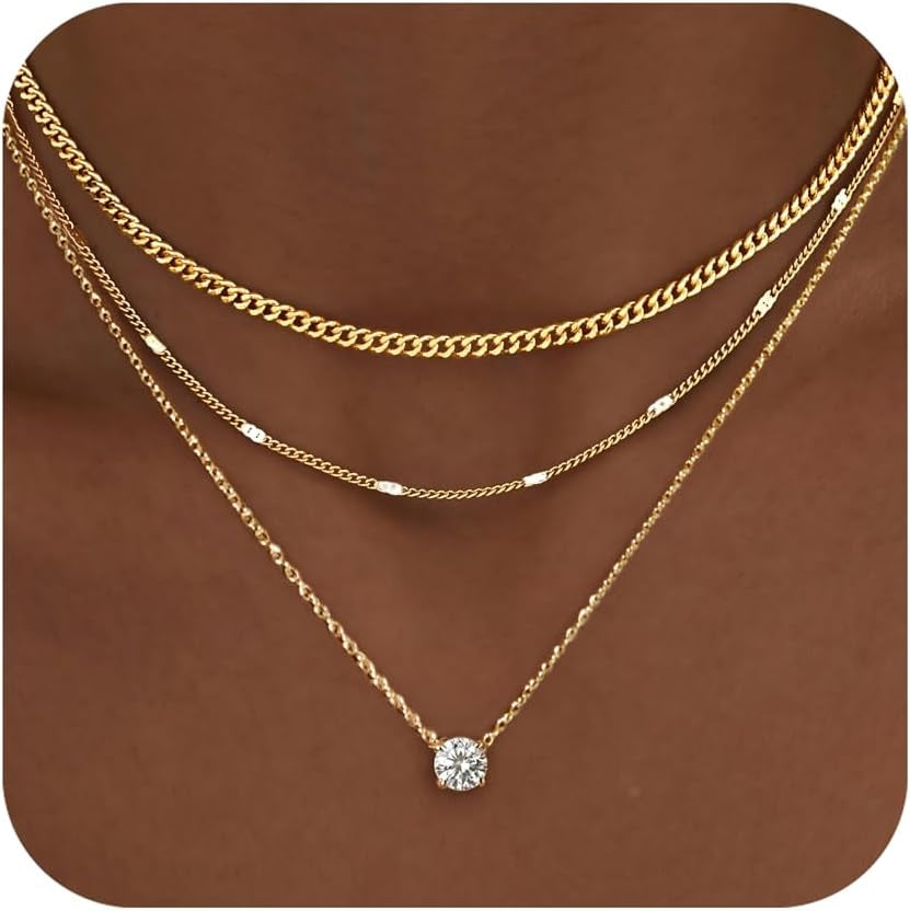 Layered Gold Necklaces for Women, 14K Gold Sterling Silver Plated Dainty Pendant Necklace Set Non Tarnish, Chunky Stackable Cuban Chain Choker, Trendy Birthstone Vacation Jewelry Gift - Gold
