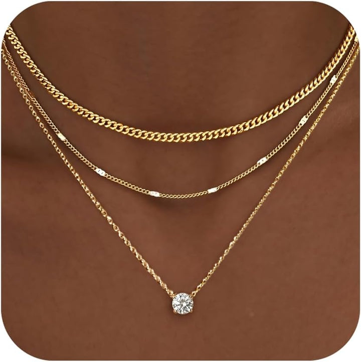 Layered Gold Necklaces for Women, 14K Gold Sterling Silver Plated Dainty Pendant Necklace Set Non Tarnish, Chunky Stackable Cuban Chain Choker, Trendy Birthstone Vacation Jewelry Gift - Gold