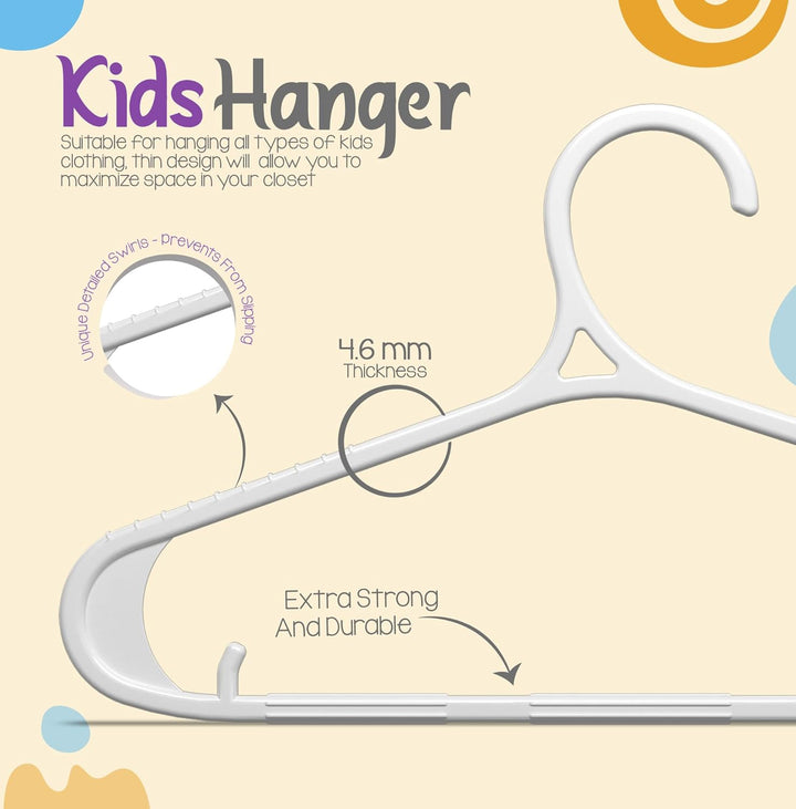 Kids Hangers 60 Pack - 11 Inch Plastic Baby Hangers for Closet - Childrens Hanger for Clothes &amp; Infant Hanger for Closet - Non-Slip Shoulder Grooves, Strap Hooks &amp; Pants Bar (White)