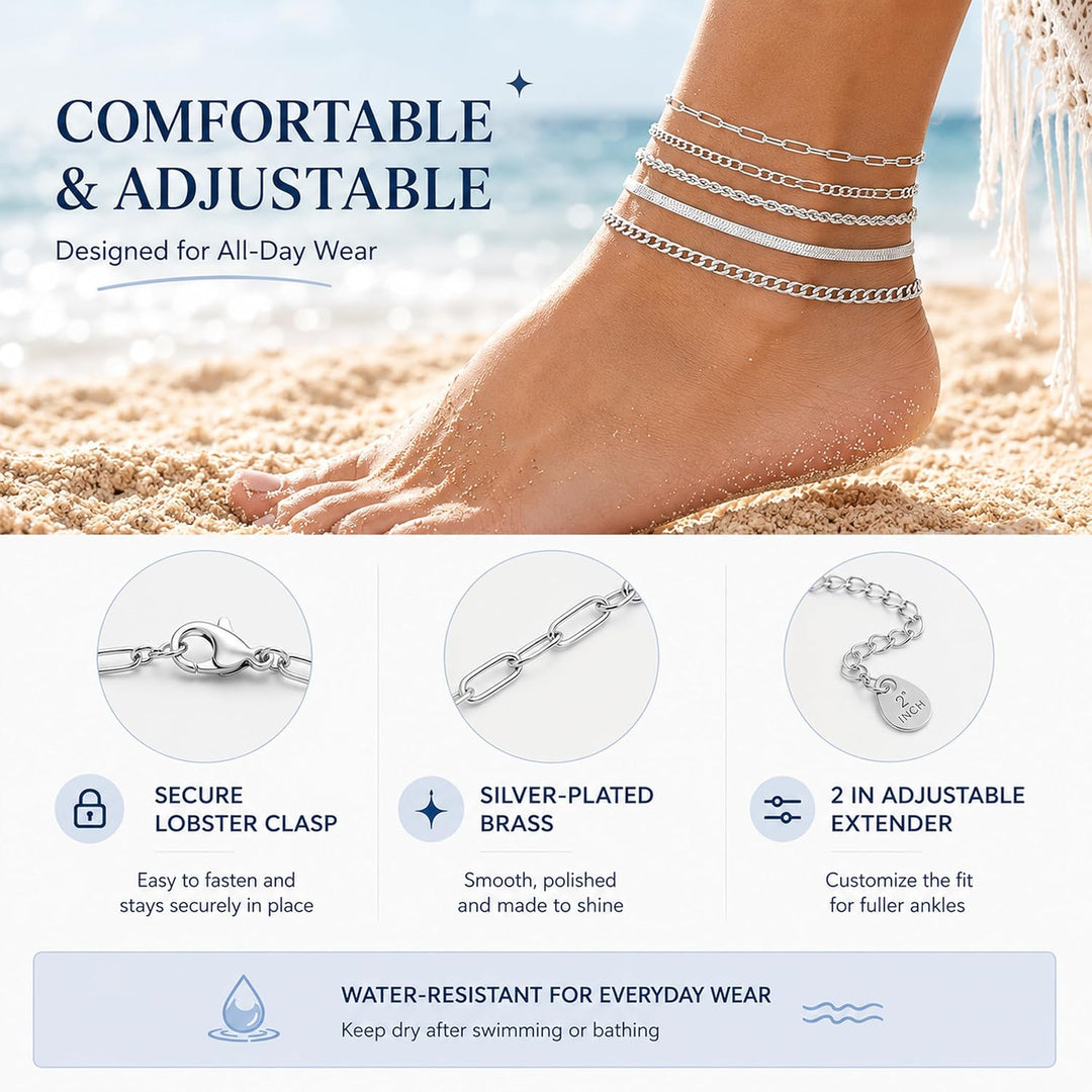 Gold/Silver Plated Anklet Bracelets for Women Waterproof plus Size Cuban Link Chain Ankle Bracelet for Large Ankle 9-12Inch - Silver