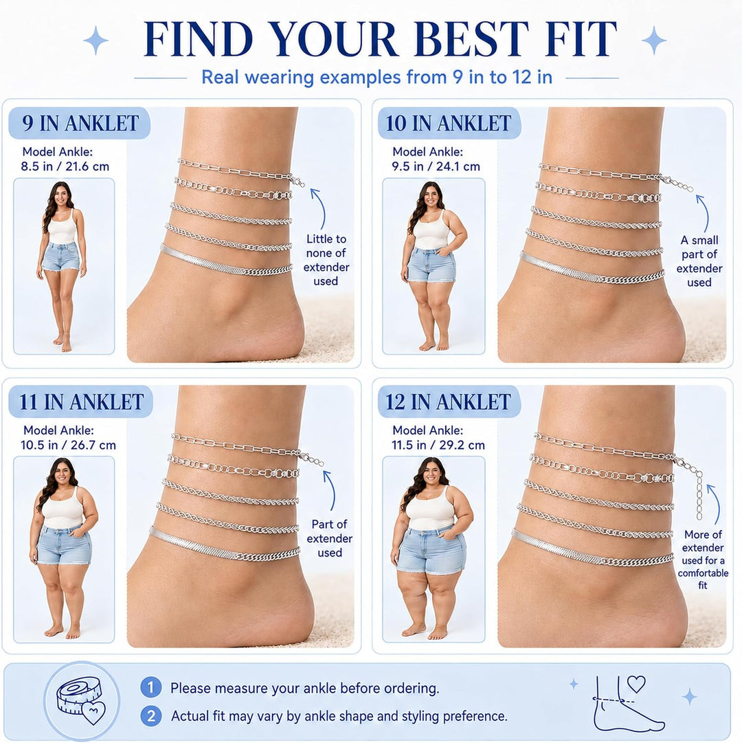 Gold/Silver Plated Anklet Bracelets for Women Waterproof plus Size Cuban Link Chain Ankle Bracelet for Large Ankle 9-12Inch - Silver