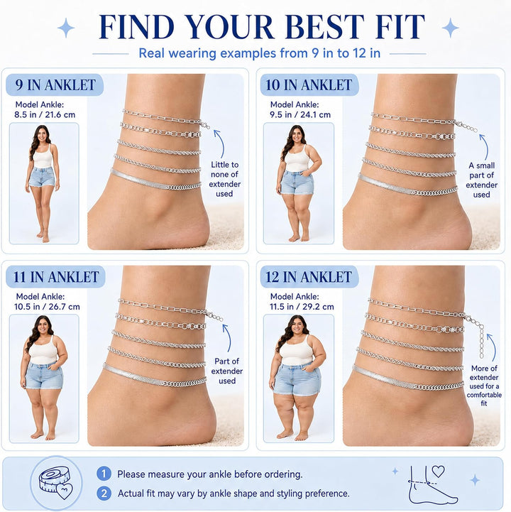 Gold/Silver Plated Anklet Bracelets for Women Waterproof plus Size Cuban Link Chain Ankle Bracelet for Large Ankle 9-12Inch - Silver