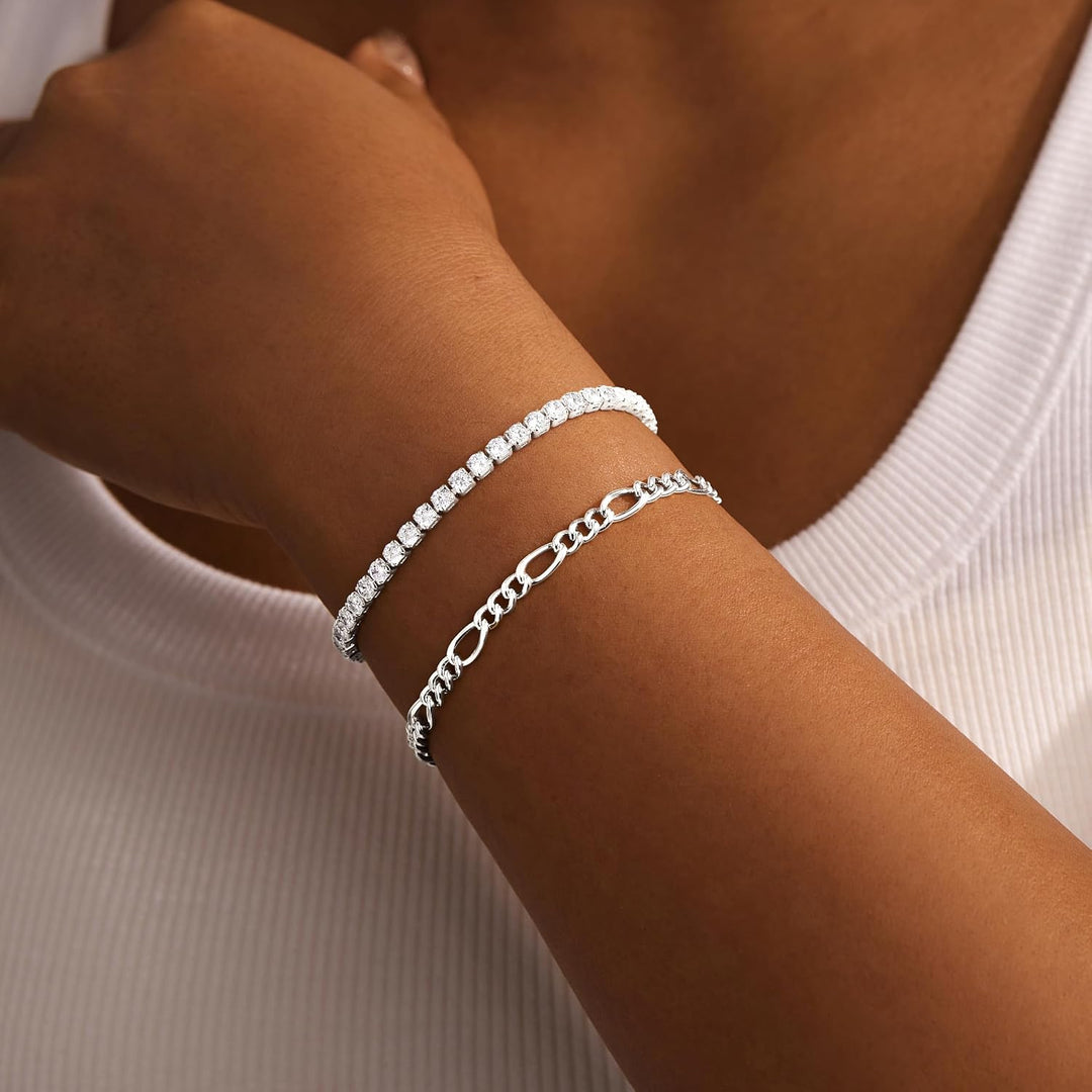Gold Bracelets Set for Women Non Tarnish Waterproof, 14K Gold Plated Chunky Cuff &amp; Stackable Bangles, Cuban Rope Paperclip Bracelet Stack - Silver