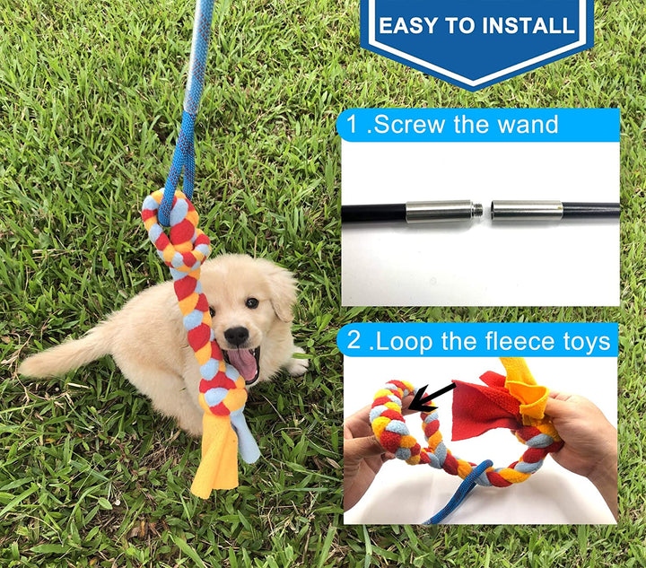 Interactive Flirt Pole Toy for Dogs Chase and Tug of War,Durable Teaser Wand with Pet Fleece Rope Tether Lure Toy to Outdoor Exercise &amp; Training for Small Medium Large Dogs (Blue/Red, POLE-35 Inches)