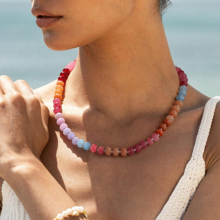 Beaded Gemstone Necklaces for Women, Boho Colorful Bead Choker Necklace, Natural Stone Handmade Summer Jewelry for Beach