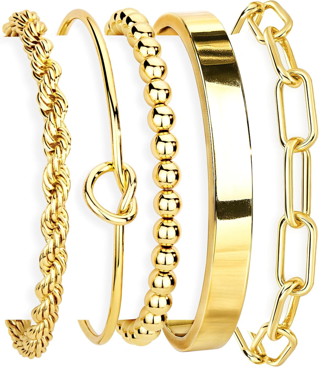 Gold Bracelets Set for Women Non Tarnish Waterproof, 14K Gold Plated Chunky Cuff & Stackable Bangles, Cuban Rope Paperclip Bracelet Stack - Gold