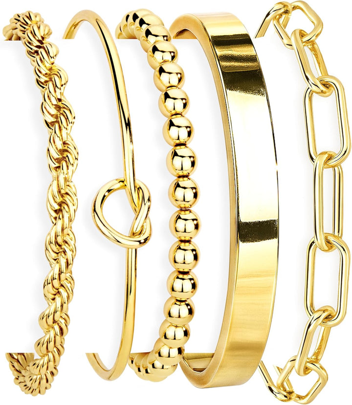 Gold Bracelets Set for Women Non Tarnish Waterproof, 14K Gold Plated Chunky Cuff &amp; Stackable Bangles, Cuban Rope Paperclip Bracelet Stack - Gold