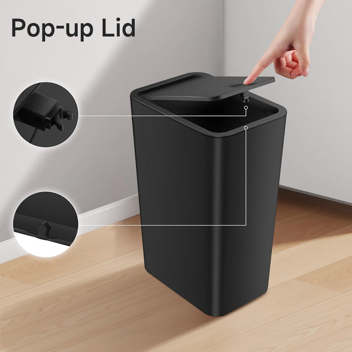 Bathroom Trash Can with Lid, 4 Gallon / 15 Liter Small Garbage Can, Press Top Bin, Plastic Wastebasket with Pop-Up Lid for Bedroom, Living Room, Office (Black)