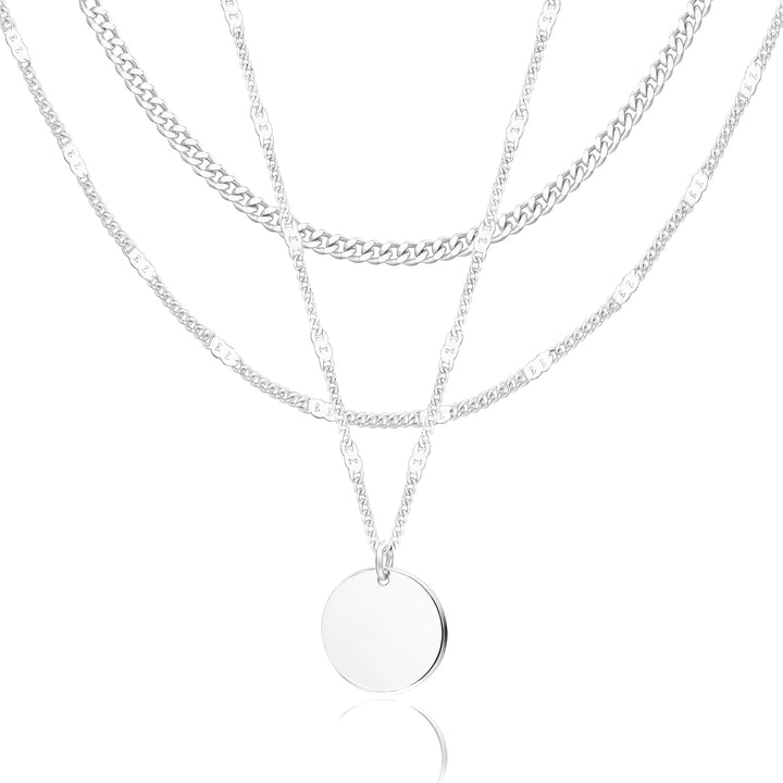 Layered Gold Necklaces for Women, 14K Gold Sterling Silver Plated Dainty Pendant Necklace Set Non Tarnish, Chunky Stackable Cuban Chain Choker, Trendy Birthstone Vacation Jewelry Gift - Silver