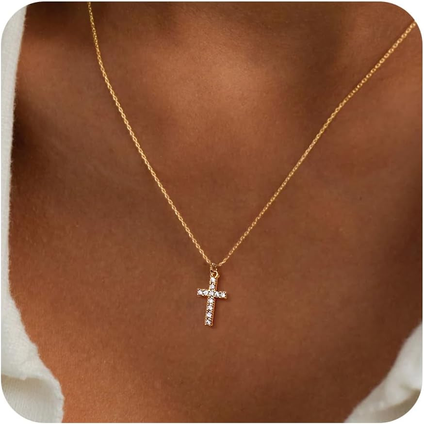 Cross Necklace for Women Teen Girls, Dainty 14K Gold Silver Plated Cross Choker Jewelry Non Tarnish Waterproof Cute Simple Small Necklace Christian Baptism Religious Faith Jewelry Gifts - Gold CZ