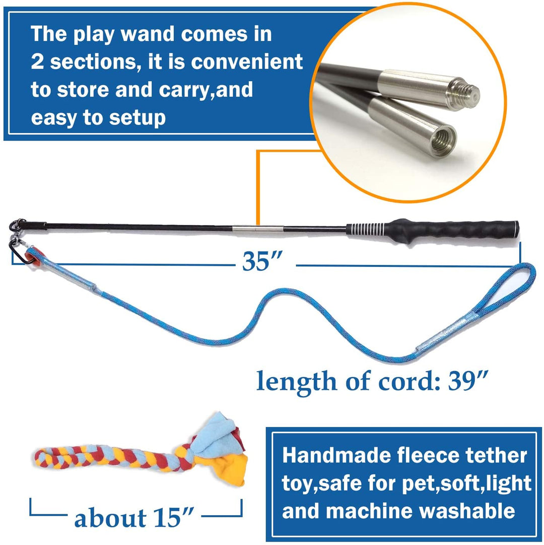 Interactive Flirt Pole Toy for Dogs Chase and Tug of War,Durable Teaser Wand with Pet Fleece Rope Tether Lure Toy to Outdoor Exercise &amp; Training for Small Medium Large Dogs (Blue/Red, POLE-35 Inches)