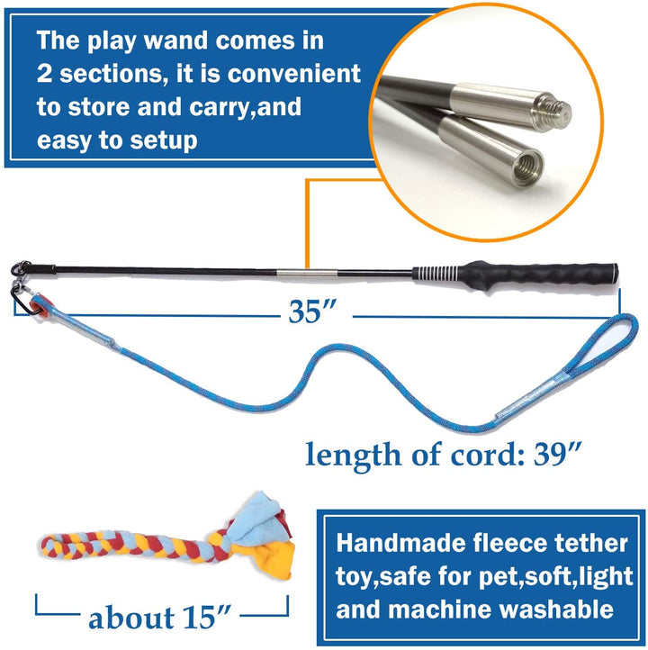 Interactive Flirt Pole Toy for Dogs Chase and Tug of War,Durable Teaser Wand with Pet Fleece Rope Tether Lure Toy to Outdoor Exercise &amp; Training for Small Medium Large Dogs (Blue/Red, POLE-35 Inches)