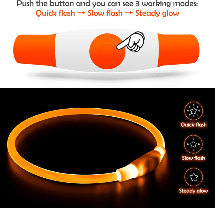 Led Dog Collar,  USB Rechargeable Flash Dog Necklace Light, Pet Safety Collar Makes Your Beloved Dogs Be Seen at Night for Small Medium Large Dogs(Orange)