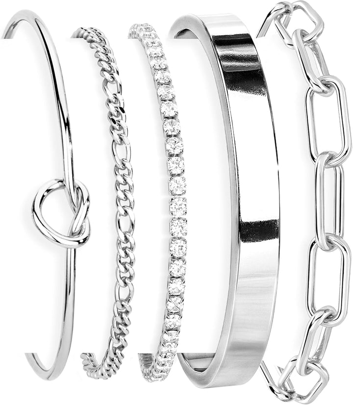 Gold Bracelets Set for Women Non Tarnish Waterproof, 14K Gold Plated Chunky Cuff &amp; Stackable Bangles, Cuban Rope Paperclip Bracelet Stack - Silver