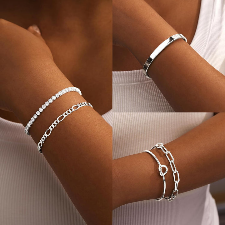 Gold Bracelets Set for Women Non Tarnish Waterproof, 14K Gold Plated Chunky Cuff &amp; Stackable Bangles, Cuban Rope Paperclip Bracelet Stack - Silver