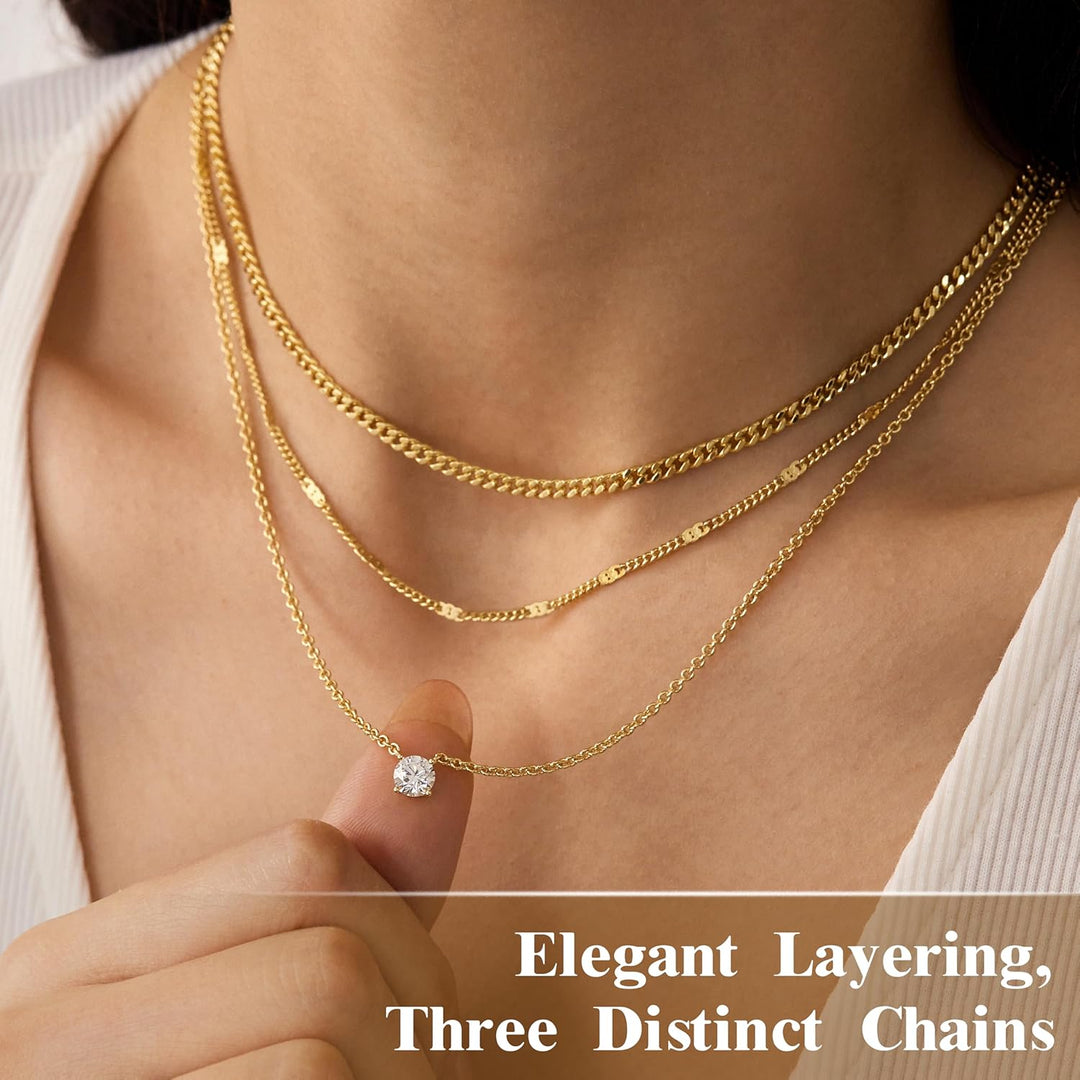 Layered Gold Necklaces for Women, 14K Gold Sterling Silver Plated Dainty Pendant Necklace Set Non Tarnish, Chunky Stackable Cuban Chain Choker, Trendy Birthstone Vacation Jewelry Gift - Gold