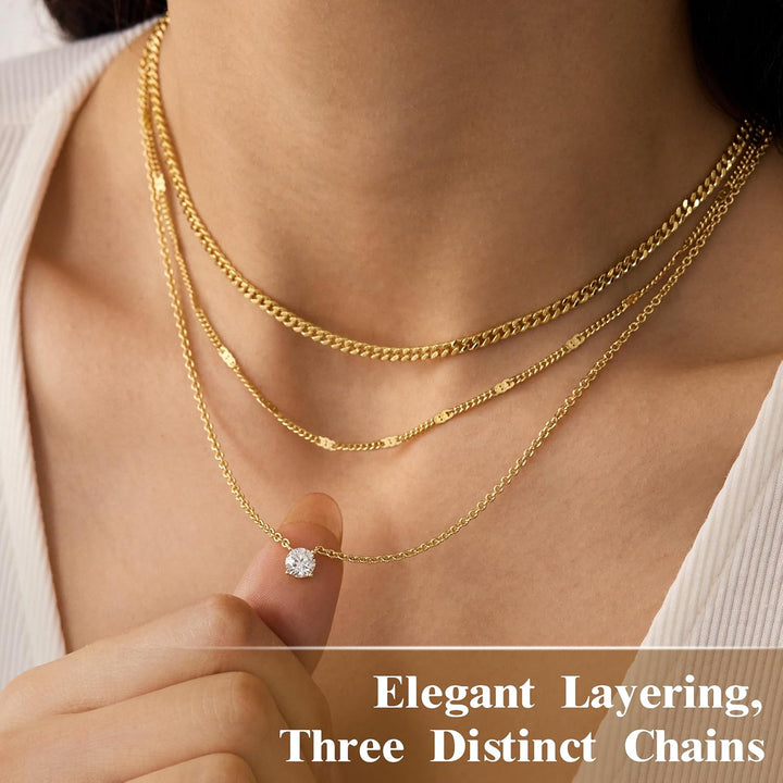 Layered Gold Necklaces for Women, 14K Gold Sterling Silver Plated Dainty Pendant Necklace Set Non Tarnish, Chunky Stackable Cuban Chain Choker, Trendy Birthstone Vacation Jewelry Gift - Gold
