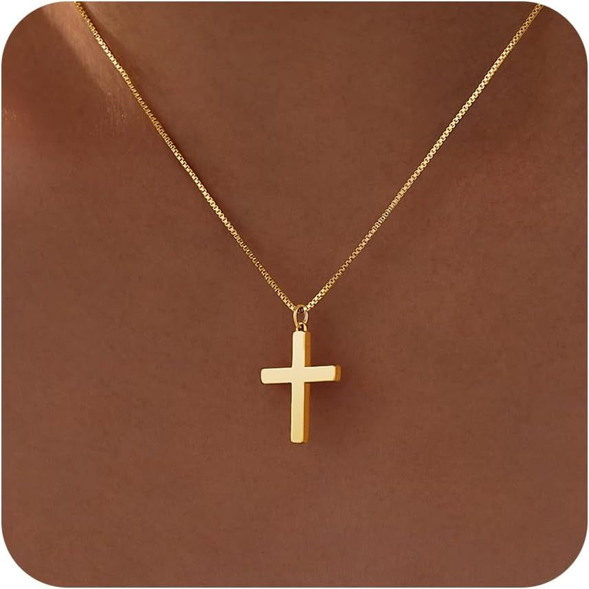 Cross Necklace for Women Teen Girls, Dainty 14K Gold Silver Plated Cross Choker Jewelry Non Tarnish Waterproof Cute Simple Small Necklace Christian Baptism Religious Faith Jewelry Gifts - Gold Plain