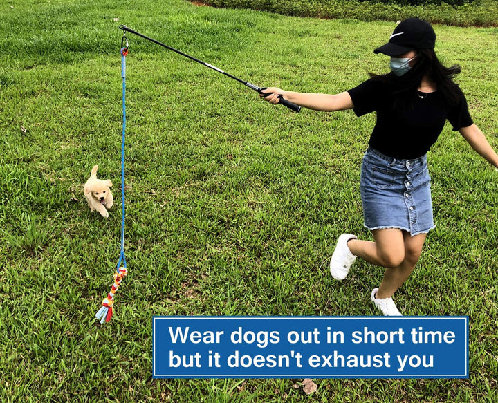 Interactive Flirt Pole Toy for Dogs Chase and Tug of War,Durable Teaser Wand with Pet Fleece Rope Tether Lure Toy to Outdoor Exercise &amp; Training for Small Medium Large Dogs (Blue/Red, POLE-35 Inches)