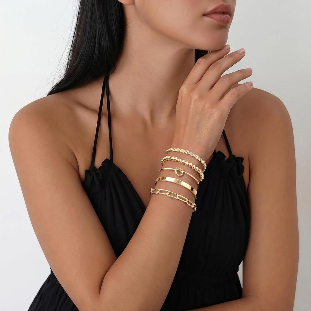 Gold Bracelets Set for Women Non Tarnish Waterproof, 14K Gold Plated Chunky Cuff & Stackable Bangles, Cuban Rope Paperclip Bracelet Stack - Gold