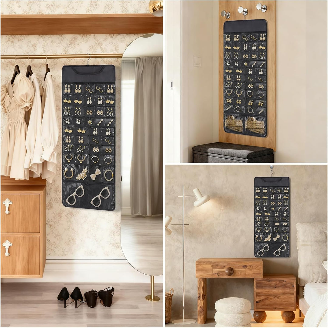 Hanging Jewelry Organizer Storage Roll 88 Zippered Pockets,Dustproof Foldable for Travel,Double-Sided Accessories Organizer Holder for Earring Necklace Ring on Closet Wall Door(Black,1 Pack)