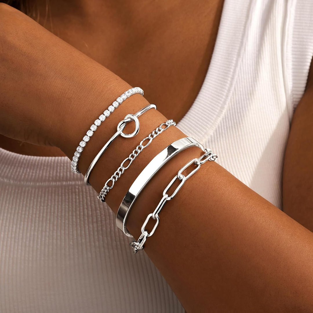 Gold Bracelets Set for Women Non Tarnish Waterproof, 14K Gold Plated Chunky Cuff &amp; Stackable Bangles, Cuban Rope Paperclip Bracelet Stack - Silver