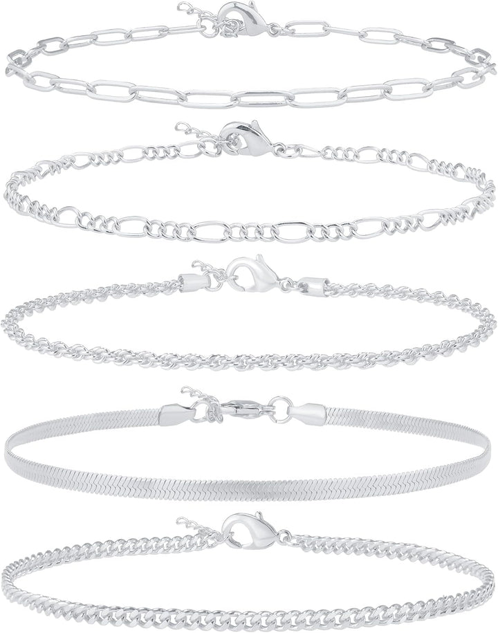 Gold/Silver Plated Anklet Bracelets for Women Waterproof plus Size Cuban Link Chain Ankle Bracelet for Large Ankle 9-12Inch - Silver