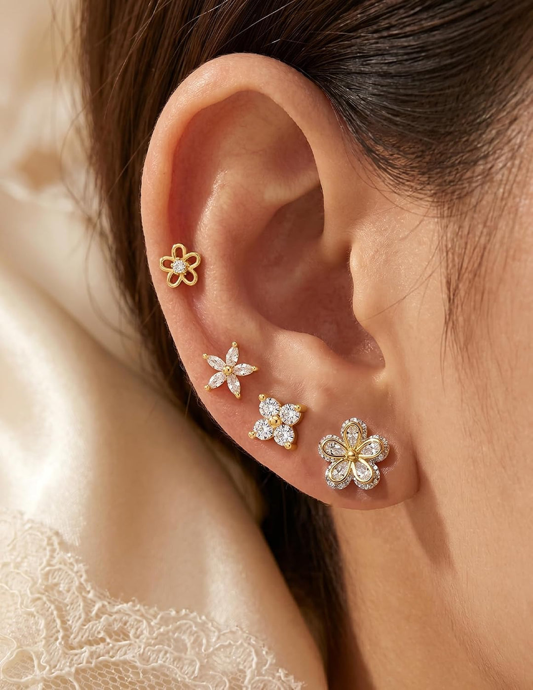 5 Pairs 14K Gold Plated Stud Earrings for Women, Hypoallergenic Earring Sets for Multiple Piercing, Premium Cubic Zirconia Studs Earrings for Women - Gold Flower