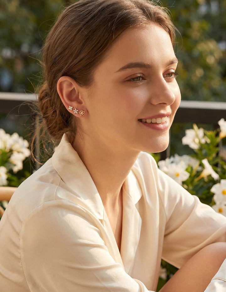 5 Pairs 14K Gold Plated Stud Earrings for Women, Hypoallergenic Earring Sets for Multiple Piercing, Premium Cubic Zirconia Studs Earrings for Women - Gold Flower