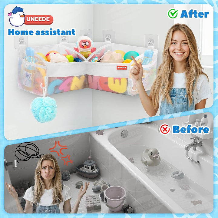 Bath Toy Storage - 3 Compartment Corner Bath Toy Storage Organizer, 4 Gallons Quick-Drying Bath Toy Holder, Machine-Washable Bathtub Toy Storage for Classify Toys &amp; Bath Supplies
