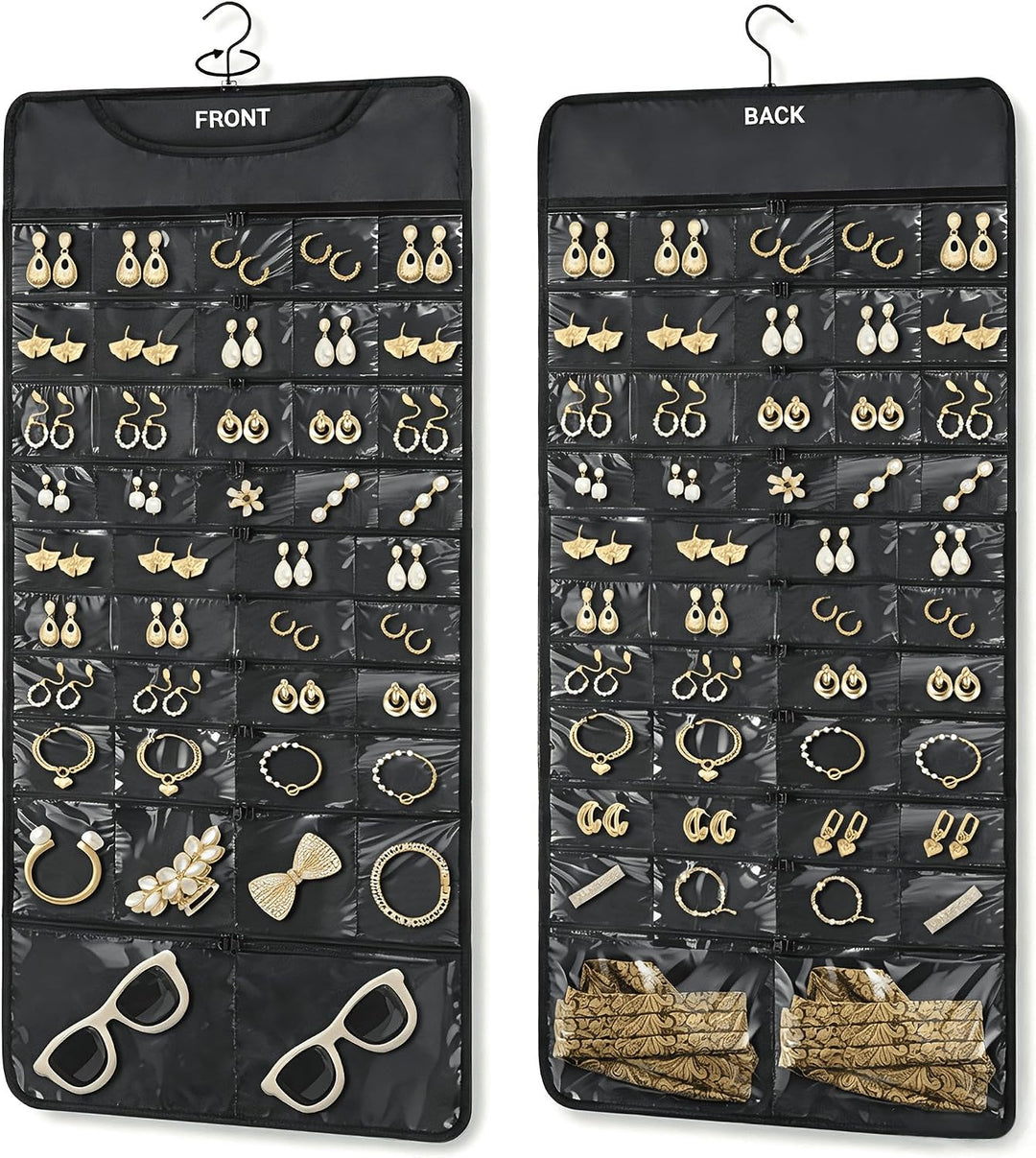 Hanging Jewelry Organizer Storage Roll 88 Zippered Pockets,Dustproof Foldable for Travel,Double-Sided Accessories Organizer Holder for Earring Necklace Ring on Closet Wall Door(Black,1 Pack)