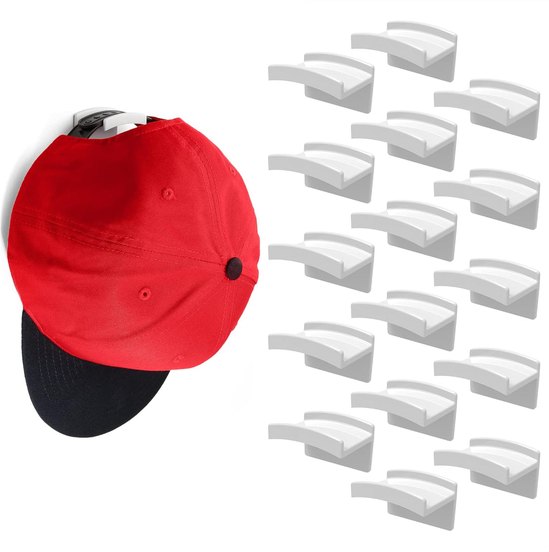 Adhesive Hat Hooks for Wall (16-Pack) - Minimalist Hat Rack Design, No Drilling, Strong Hold Hat Hangers - USA Patented, White