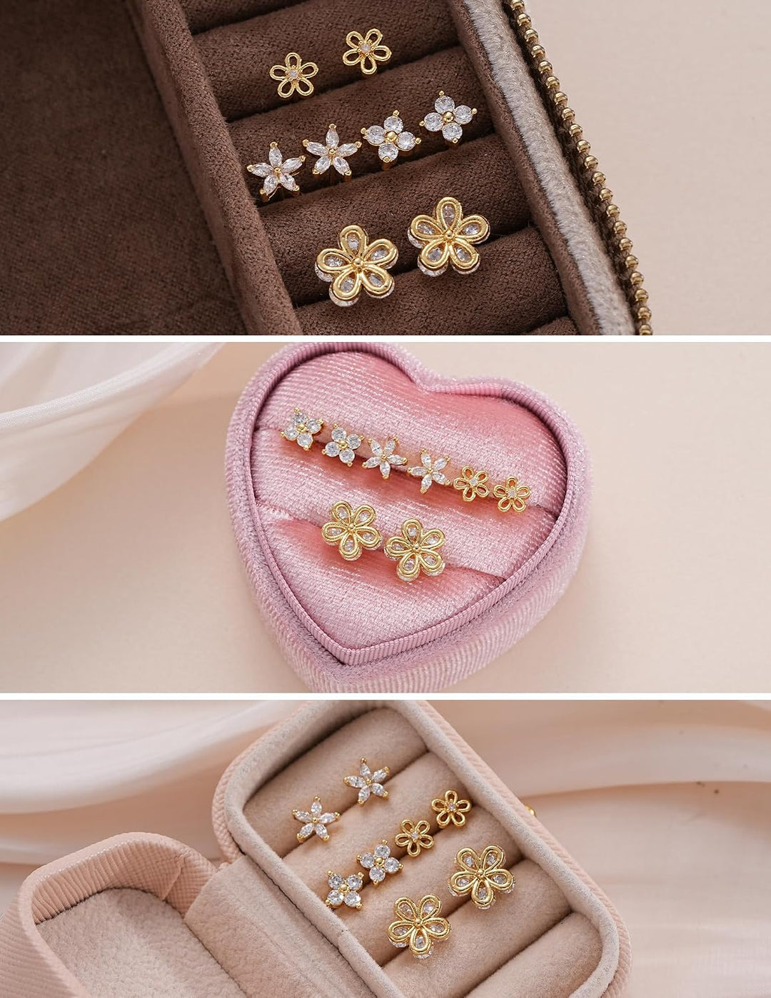 5 Pairs 14K Gold Plated Stud Earrings for Women, Hypoallergenic Earring Sets for Multiple Piercing, Premium Cubic Zirconia Studs Earrings for Women - Gold Flower