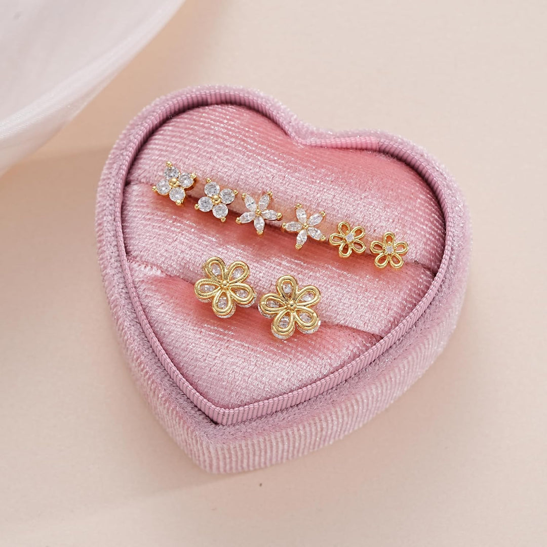 5 Pairs 14K Gold Plated Stud Earrings for Women, Hypoallergenic Earring Sets for Multiple Piercing, Premium Cubic Zirconia Studs Earrings for Women - Gold Flower