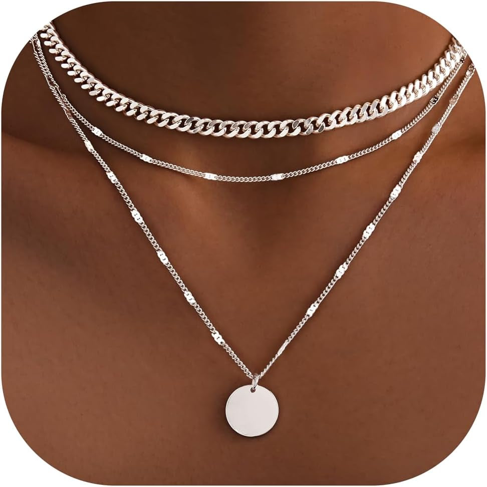 Layered Gold Necklaces for Women, 14K Gold Sterling Silver Plated Dainty Pendant Necklace Set Non Tarnish, Chunky Stackable Cuban Chain Choker, Trendy Birthstone Vacation Jewelry Gift - Silver