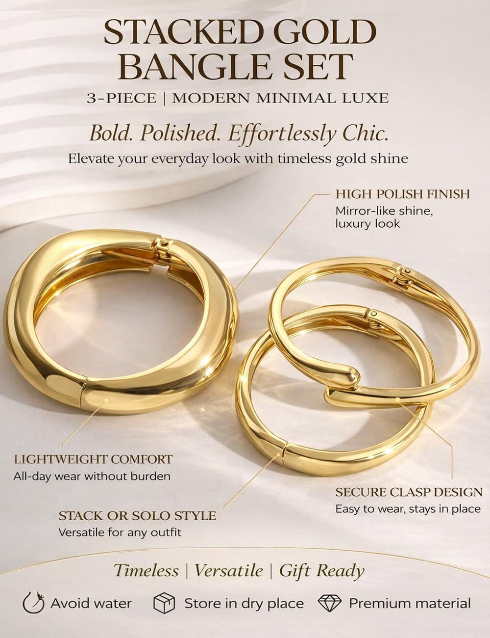 Chunky Gold Bangle Bracelets for Women, Dainty 14K Gold Plated Big Stackable Bangles Set, Trendy Statement Cuff Bracelet Stack Fashion Jewelry Gifts - Gold