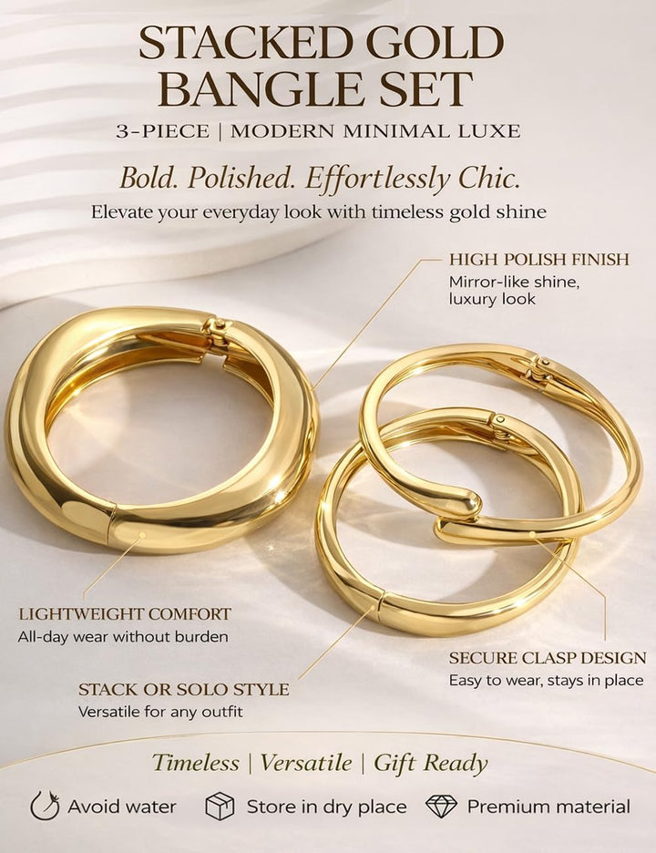 Chunky Gold Bangle Bracelets for Women, Dainty 14K Gold Plated Big Stackable Bangles Set, Trendy Statement Cuff Bracelet Stack Fashion Jewelry Gifts - Gold
