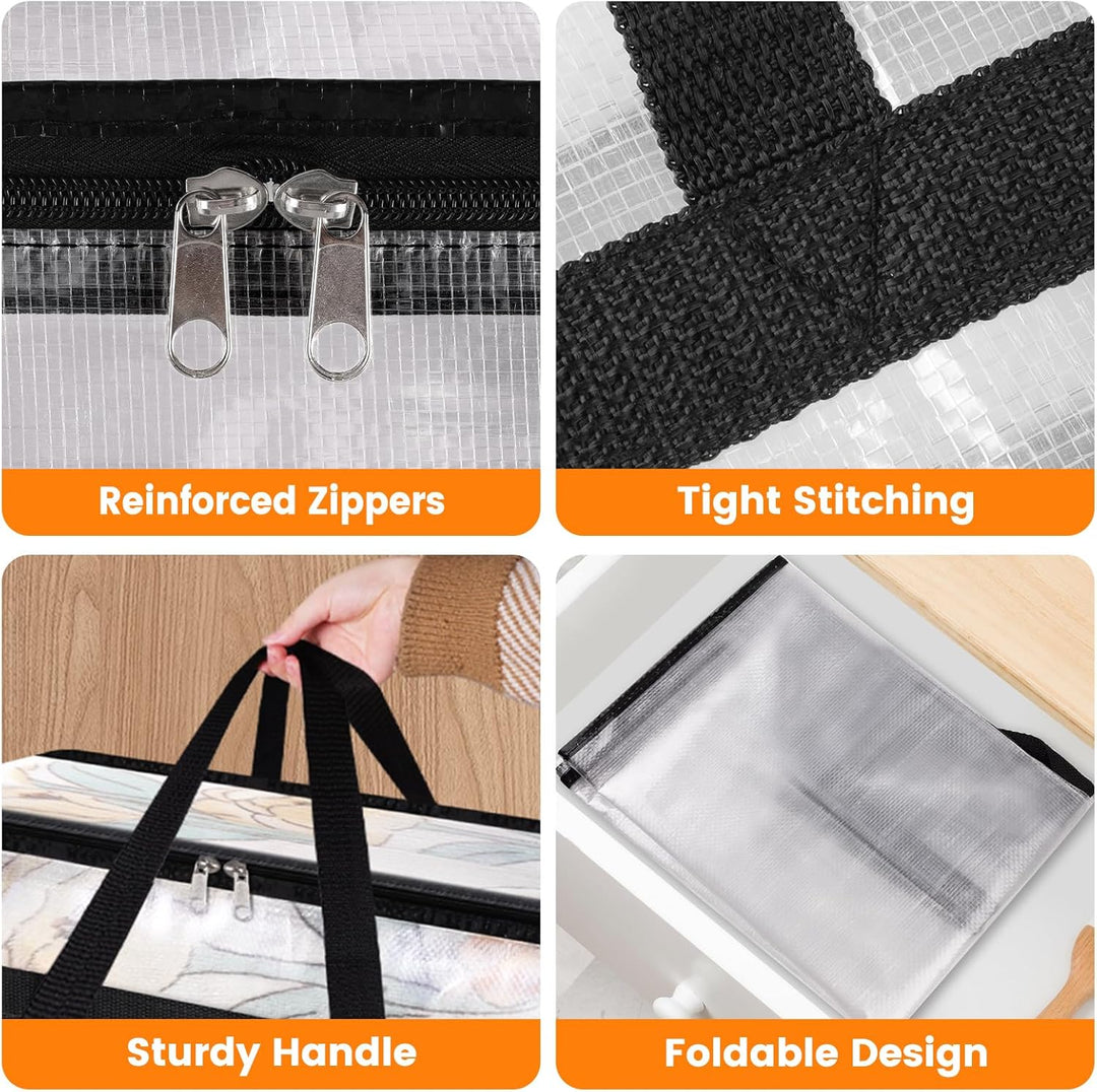 4 Pack Clear Clothes Storage Bags, Moving Bags, Foldable Blanket Storage under Bed Storage Containers with Sturdy Zipper and Handle for Clothing, Comforter, Bedding, Sheet (40L)