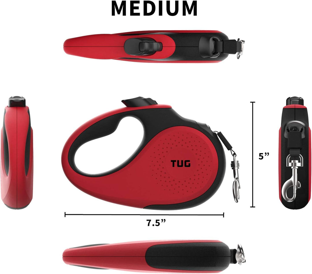 360° Tangle-Free Retractable Dog Leash with Anti-Slip Handle | 16 Ft Strong Nylon Tape | One-Handed Brake, Pause, Lock (Medium, Red)
