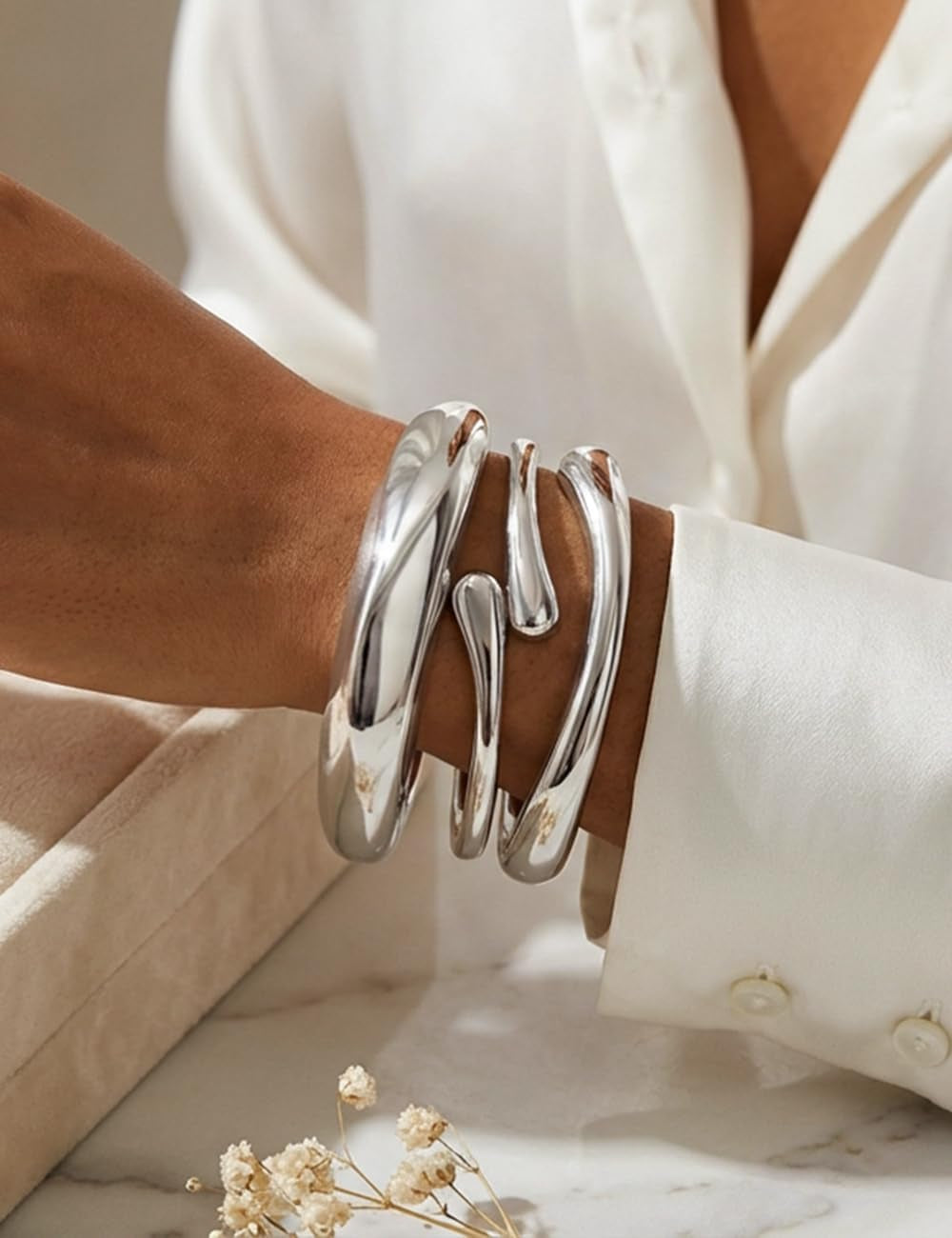 Chunky Gold Bangle Bracelets for Women, Dainty 14K Gold Plated Big Stackable Bangles Set, Trendy Statement Cuff Bracelet Stack Fashion Jewelry Gifts - Silver
