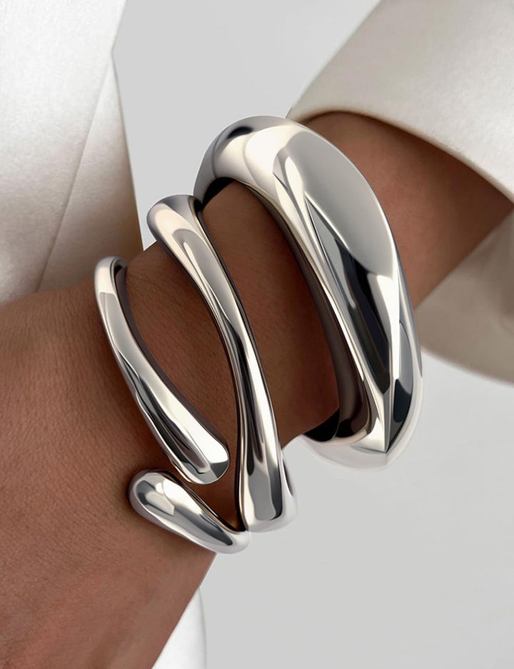 Chunky Gold Bangle Bracelets for Women, Dainty 14K Gold Plated Big Stackable Bangles Set, Trendy Statement Cuff Bracelet Stack Fashion Jewelry Gifts - Silver