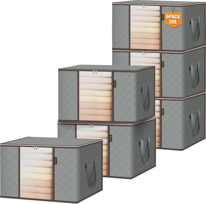 6 Pack Clothes Storage Bags, 16 Gallon Storage Containers with Reinforced Handle, Sturdy Zipper, Closet Organizer for Blanket, Comforter, Pillow, Bedding (Grey, 6 Pack)