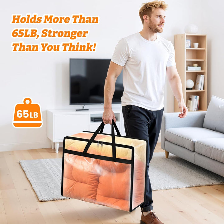 4 Pack Clear Clothes Storage Bags, Moving Bags, Foldable Blanket Storage under Bed Storage Containers with Sturdy Zipper and Handle for Clothing, Comforter, Bedding, Sheet (40L)