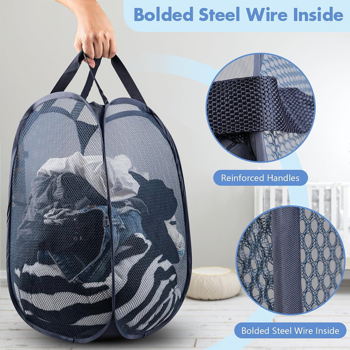 Pop up Laundry Hamper, 70L Collapsible Mesh Laundry Basket with Side Pocket, Foldable Dirty Clothes Hamper with Sturdy Reinforced Handles for Home Dorm Bedroom Travel Storage, Blue, 2Pack